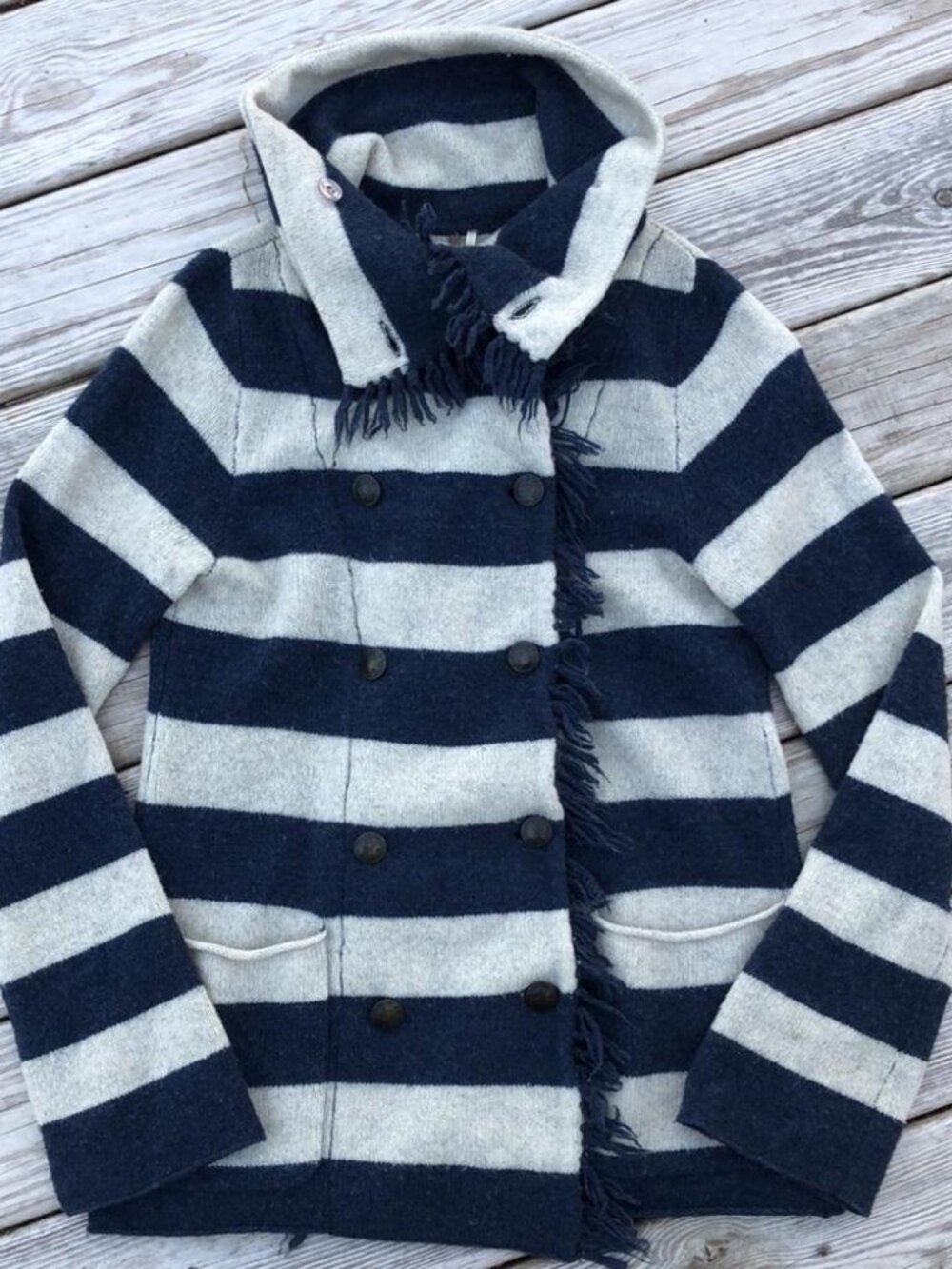 FREE PEOPLE LAMBSWOOL Boho Stripe Cardigan Fringed Sweater L